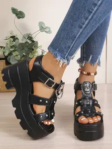 Women's 9.5CM Comfortable Casual Chunky Platform Wedge Sandals | Gothic Y2K Punk Dark Style | PU Leather, Velcro Strap, Skull Chain Rivet Decor, Non-Slip Sole | For Party, Nightclub, Festival, Cosplay, Streetwear