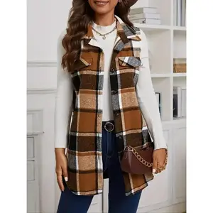 Women's Plaid Print Button Front Vest Coat, Casual Pocket Design Collared?Waistcoat?for Spring & Fall, Fashion Women's Clothing for Daily WearnCNg