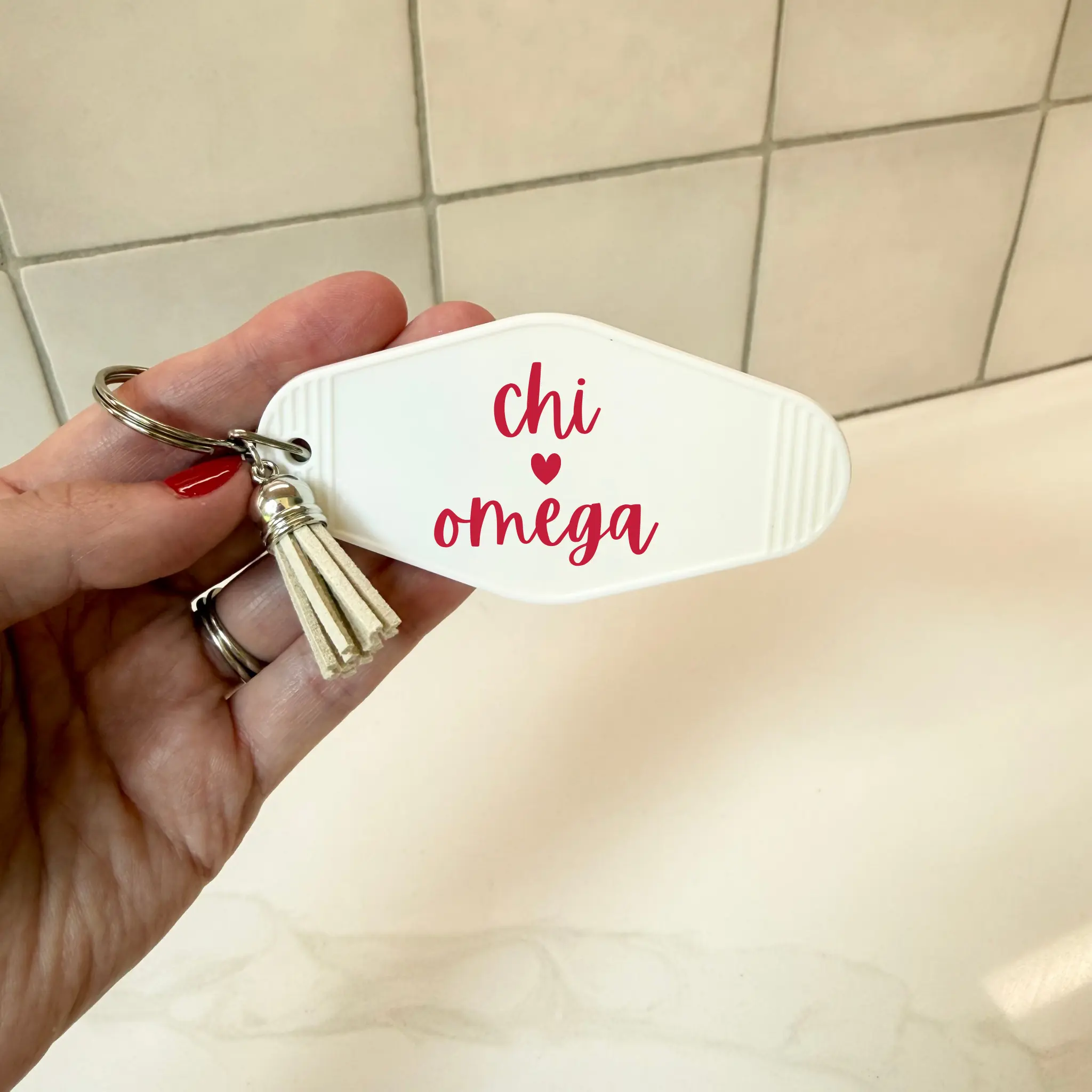 Chi Omega Heart Keychain with Tassel
