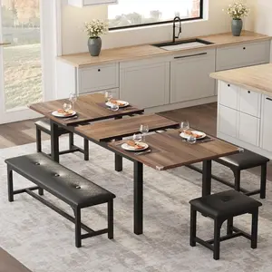 Dining Table Set for 6-8 with Upholstered Benches and Stools, 63" Large Extendable Dining Room Table Set for 6, Wooden Dinner Table Set with Metal Frame & MDF Board, Kitchen Table Set for 6