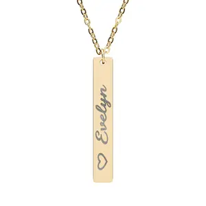 Personalized Vertical Bar Necklace — Engraved Name & Heart Pendant