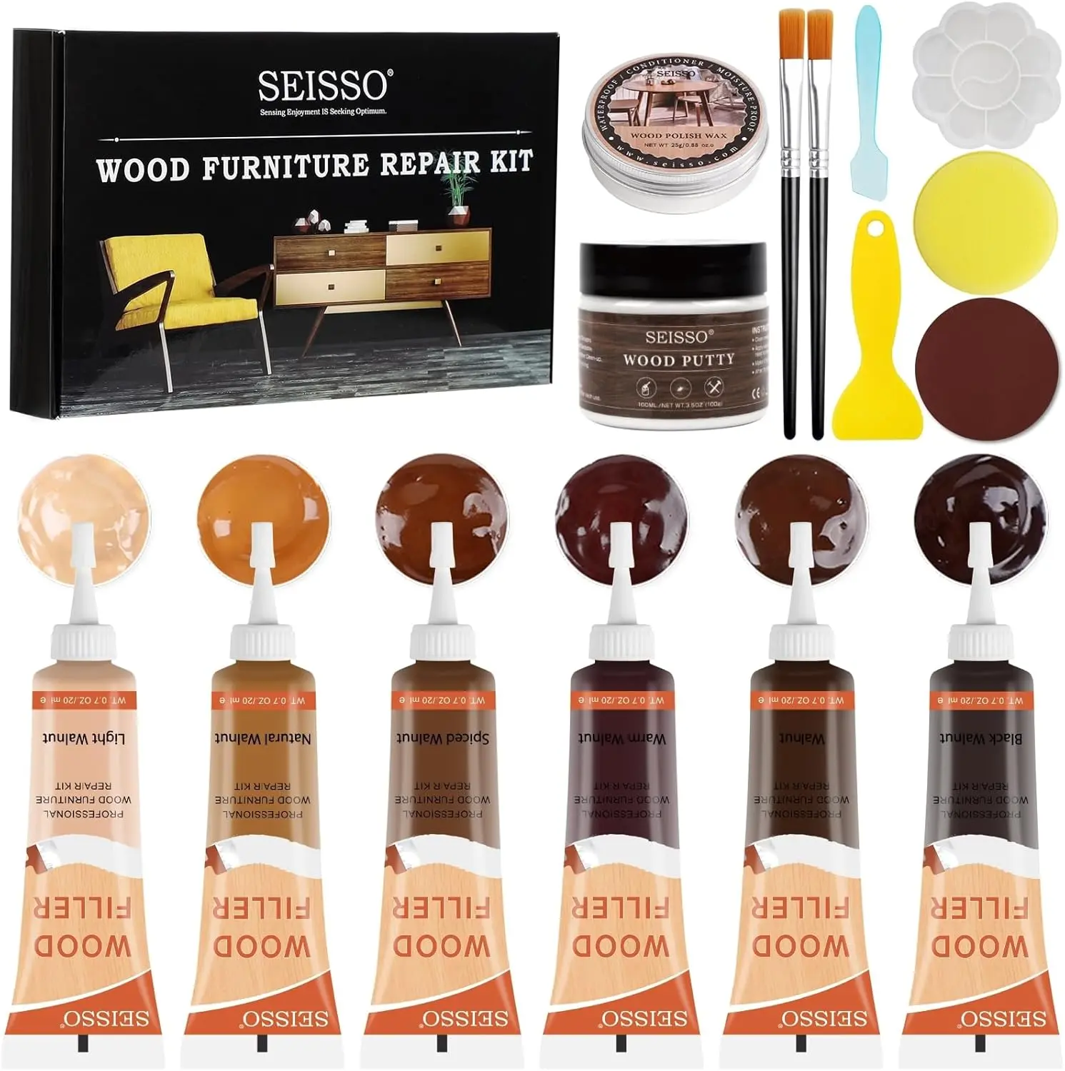 Wood Furniture Repair Kit - Wood Fillers with Wood Putty, Hardwood Laminate Repair Kit, Wood Wax for Holes, Walnut Wood Scratch Repair Kit Restore Any Scratches, Cracks, Tables, Doors, Floors, Cabinet