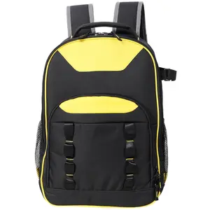 Heavy Duty 600D Oxford Cloth Tool Backpack, 14.5x17x18.8in Black-Yellow Construction Worker Bag, 25KG Load Capacity, Multi-Pocket with Detachable Divider, Ergonomic Padded Back, Laptop & Power Tool Compartment for Electrician Maintenance