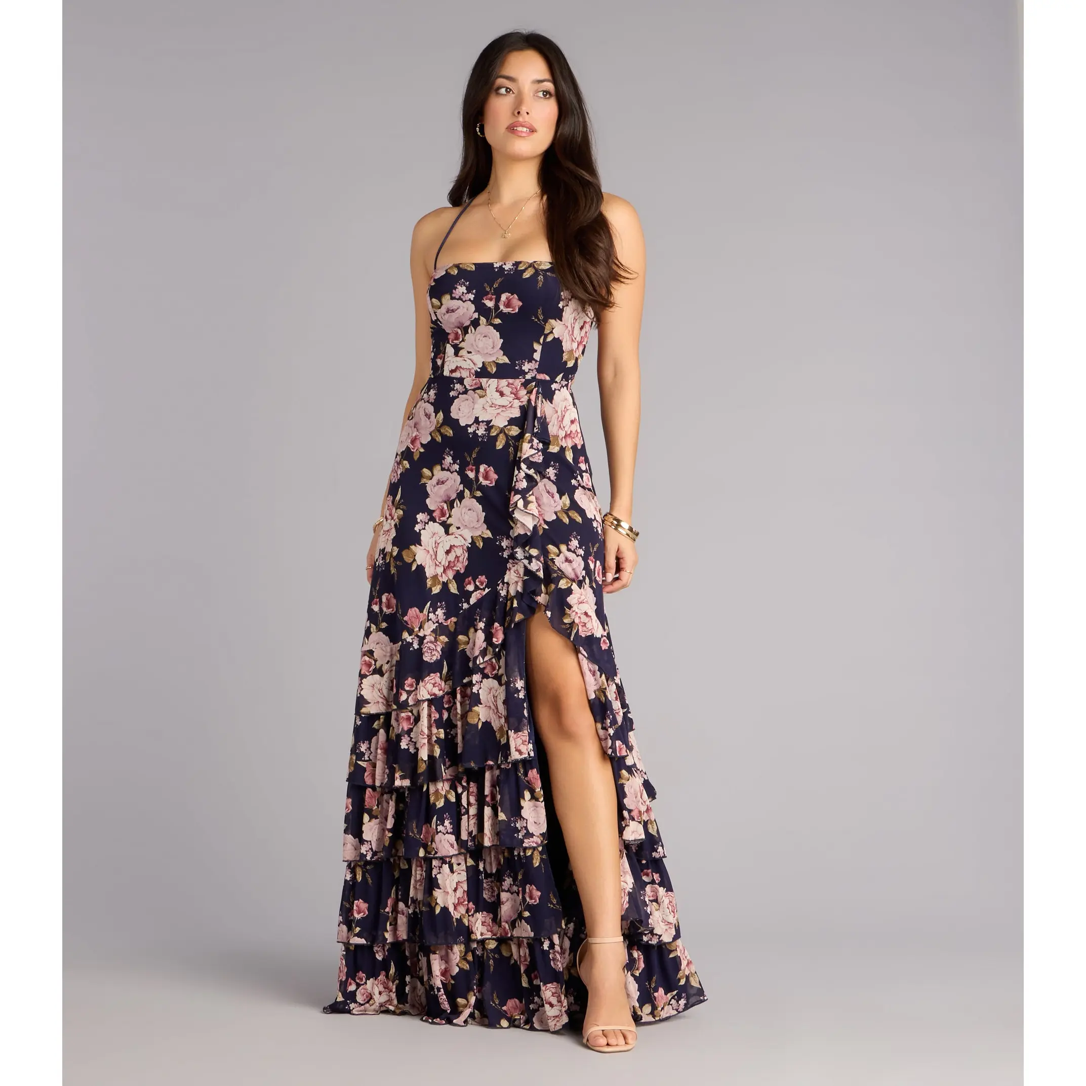 Brooke Floral A-Line Lace-Up Formal Dress