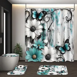 LVRLVR 4Pcs Rustic Woodgrain Daisy & Butterfly Print Vintage Farmhouse Teal & Black Multi-Color Shower Curtain Set 70.8×70.8 Inch
