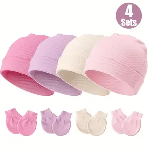 4pcs set of baby hats and anti-scratch gloves, perfect for daily wear. A comfortable and soft fabric gift suitable for newborns aged 0-6 months