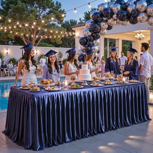 Navy Blue Satin Rectangle Tablecloth - 1-Piece Multi-Size 4/6/8FT Shiny Spandex Cover with Pleated Skirt, No-Wrinkle, Glossy Finish for Wedding, Birthday Decoration