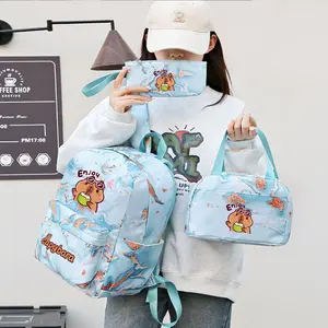 3pc Cracked Design Backpack Set, Cute Cartoon Capybara Theme, Multiple Colors, Durable Material, Computer Compartment, Lunch Bag & Pencil Case