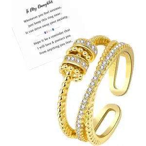 *FRC17 Anxiety Ring for Daughter, 18K Gold Fidget Ring for Daughter from Mom to My Daughter Cubic Zirconia Adjustable Thumb Stress Anxiety Relief Ring for Women Teens Girls with Beads Spinner