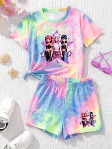 Girls' Boho Tie Dye Two-Piece Set, Gradient Short Sleeve Top & Shorts, Summer Fashion, Loose-Fitting, No Collar, No Button, No Zipper