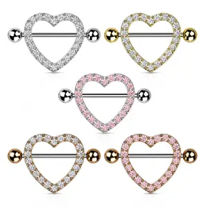 Surgical Steel Nipple Ring Barbell Shield 14 Gauge & Gem Paved Heart
