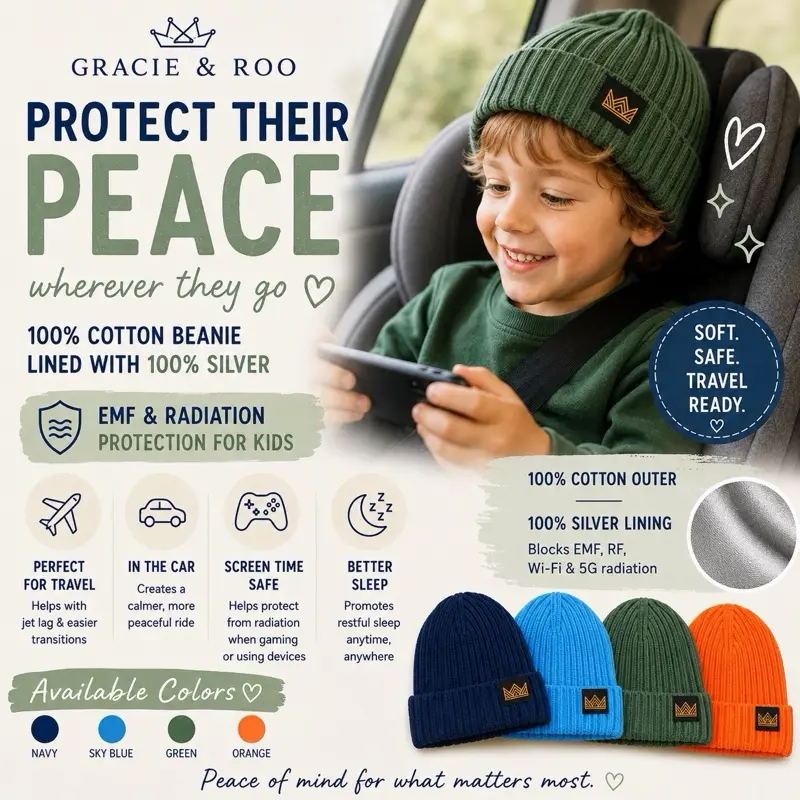 Kids / Adult Small - Gracie and Roo 100% Cotton Beanie EMF Blocking Protection and fully lined with 100% Silver lining. Travel and Tech Wear. Size Small 48cm-56cm