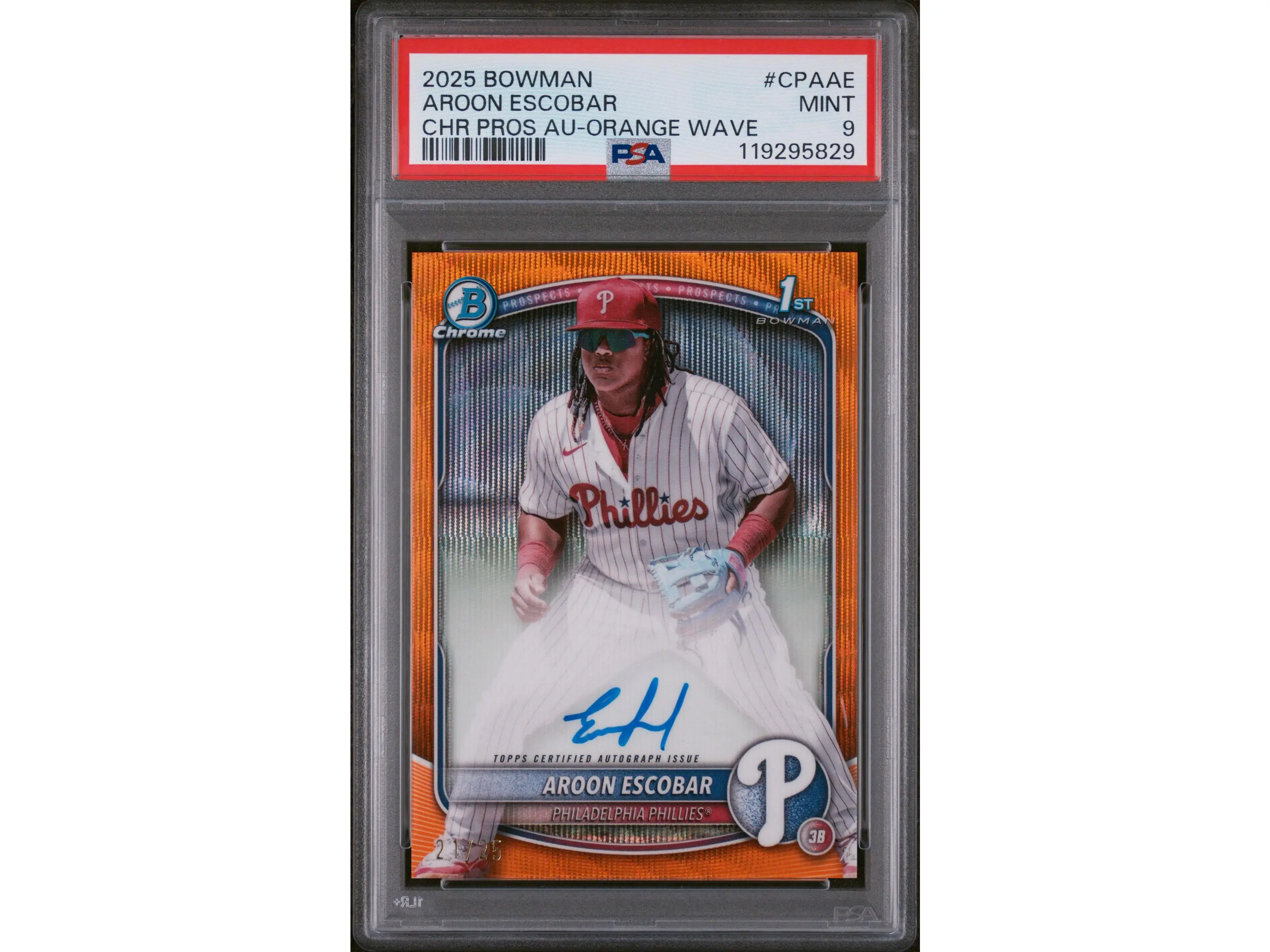 2025 Bowman Chrome Prospect Autographs Orange Wave Aroon Escobar #CPAAE /25 PSA 9