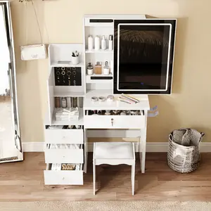 [US Desgin] Vanity Desk Set with Sliding Lighted Mirror,4 Drawers & 9 Storage Spaces, with Power Outlet, Makeup Vanity with Lighted Mirror, 3 Lighting Modes Adjustable, Vanity Table with Hidden Compartments and Cushioned Stool