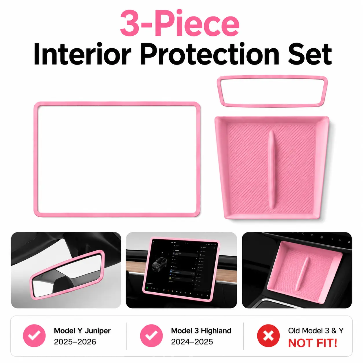 YESHAAN 3PCS Tesla Silicone Interior Protection Kit for Model Y Juniper 2025-2026 & Model 3 Highland 2024-2025, Screen Frame Protector, Rearview Mirror Cover and Wireless Charging Pad Mat, Pink White Black