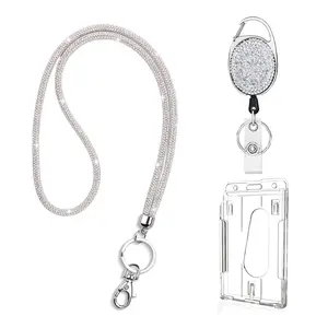 Retractable ID Badge Holder with Bling Neck Strap Lanyard, Bling Badge Reel with Clear Card Holder for Office Worker Teacher Doctor