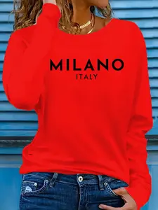 Women's Printed Long Sleeve Fitted T-Shirt, Casual Round Neck Top, Spring Summer Stretchy Elastic Polyester Blend, New Arrival, Streetwear