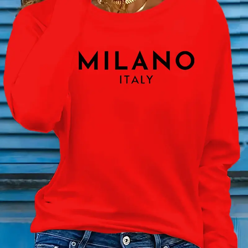 Women's Printed Long Sleeve Fitted T-Shirt, Casual Round Neck Top, Spring Summer Stretchy Elastic Polyester Blend, New Arrival, Streetwear, Lady