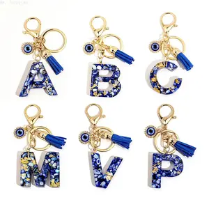 Royal Blue Evil Eye Letter Keychain Jewelry (A-Z), Trendy Alphabet Tassel Bag Charm, Stylish Lucky Key Ring for Women, Fashion Accessory for Handbag, Car Keys, Everyday Gift