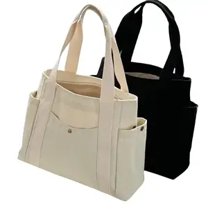 Back-to-School Canvas Tote Bag - Large Capacity Student Shoulder Bag, Multi-Pocket Commuter Tote for Work & College, Casual Everyday Carryall