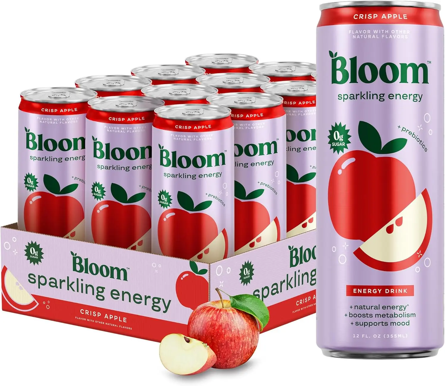 Apple Crisp Sparkling Energy Drink, 12oz 12 Pack | Apple crisp flavor with 180mg natural caffeine, prebiotics, green tea extract & lychee for energy and focus.