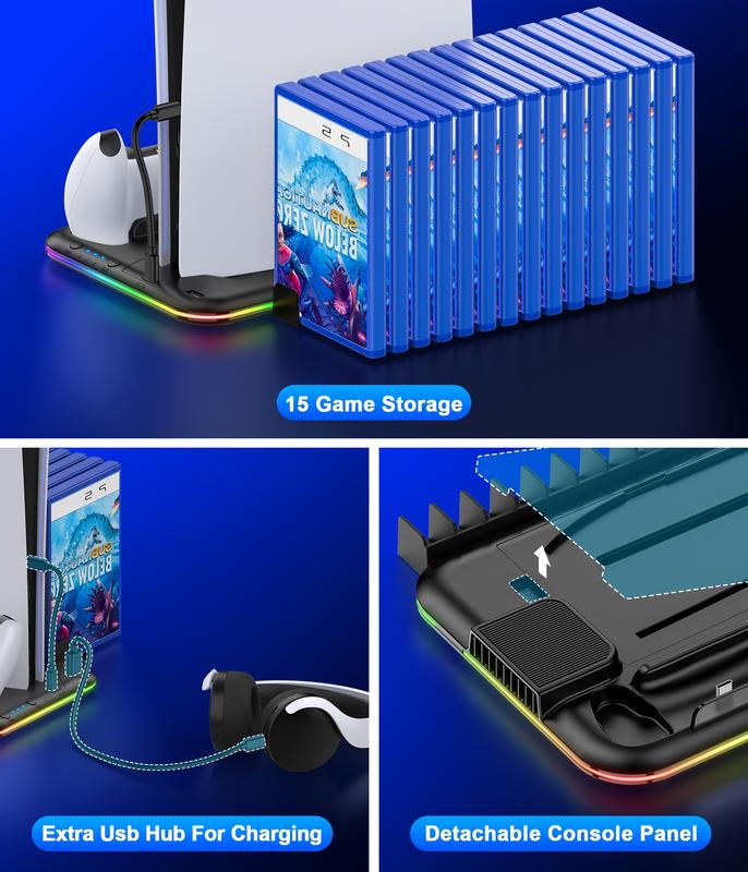 PS5 Slim Stand and Turbo Cooling Station with Controller Charging Station for Playsation 5, PS5 Accessories Kits Incl. 3 Levels Cooling Fan, LED LIGHT , 15 Game Slot, Headset Holder for PS5 Digital/Disc