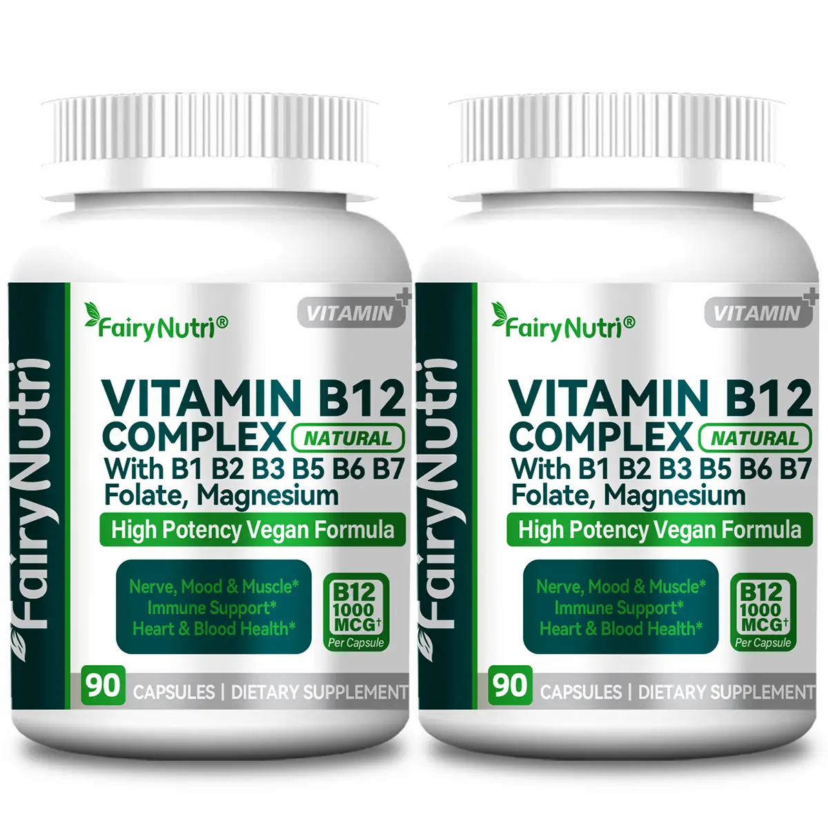 FairyNutri High Potency 1000Mcg Vegan Vitamin B12 Complex Capsules - With B1,B2,B3,B5,B6,B7,Folate,Magnesium - Third-Party Tested, Nerve & Mood Support, Heart Health - 90 Capsules, 90-Day Supply Magnesium Supplement for Adults