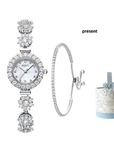 New Full Diamond Flower Ladies Watch Bracelet Gift Box Set, Elegant Round Dial Quartz Wristwatch, Rhinestone Design, Perfect for Special Occasions