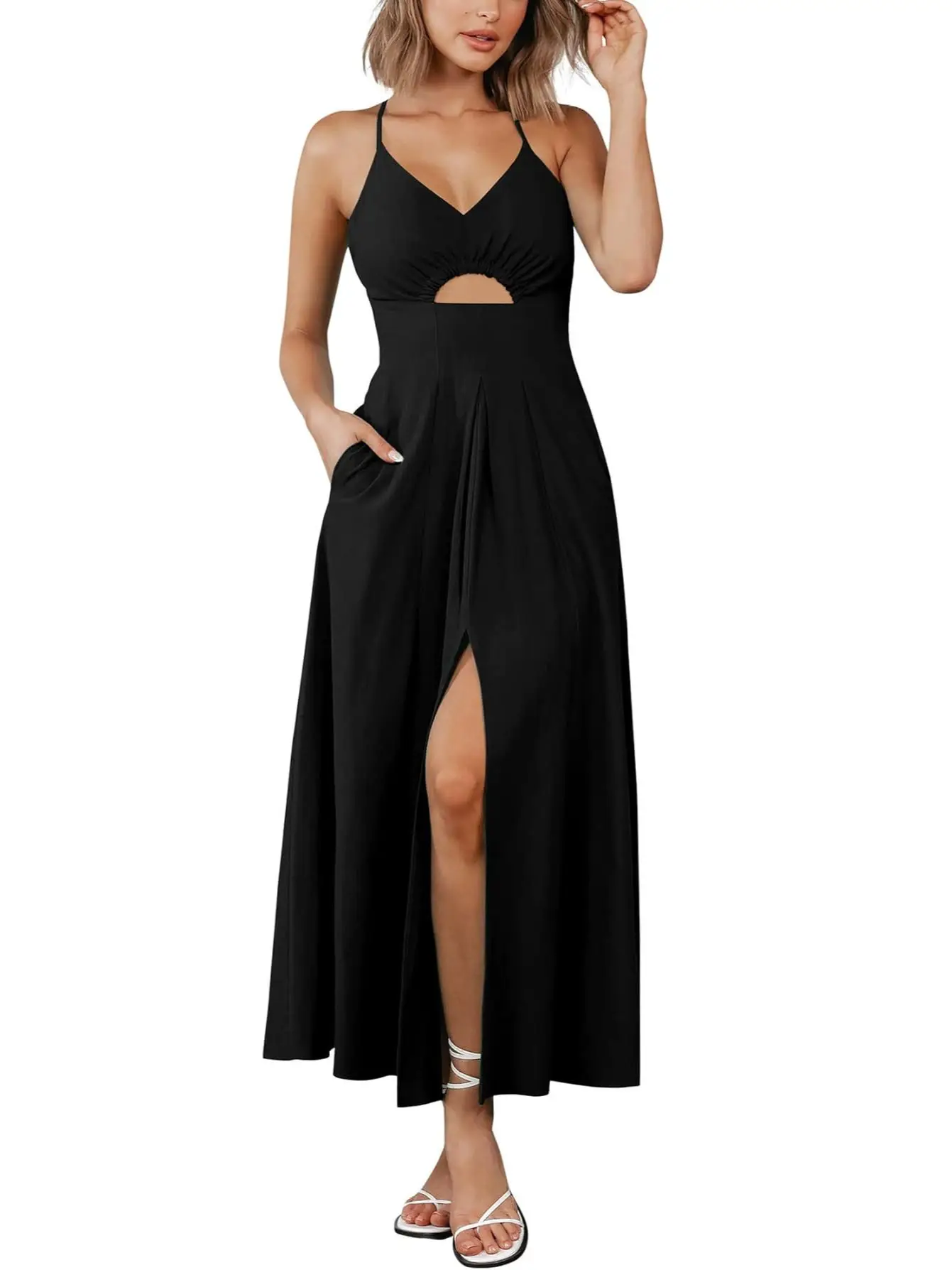 BTFBM Women 2025 Summer Spaghetti Strap Dress Sleeveless V Neck Cutout Slit Casual Beach Party Maxi Dresses with Pockets #Outdoorfun