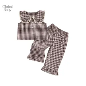Global Baby 2Pcs Toddler Girls Summer Outfits Sleeveless Doll Collar Plaid Print Vest Tops and Elastic Waist Pants Set Blouse & Wide Pants Set – Check Pattern
