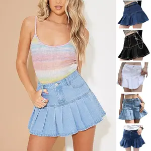 SCUSTY Women's Casual Slim Jean High Waist A-Line Y2K Mini Denim Skirt