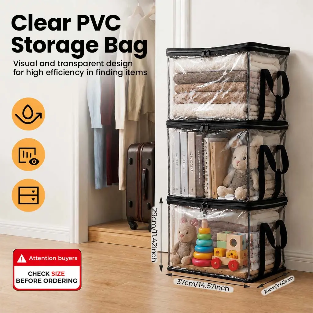 Clear PVC Storage Bags with Reinforced Handles, Large Capacity Stackable Closet Organizer Totes, Waterproof Dustproof Zipper Storage Bins for Clothes, Bedding, Blankets, Moving, Dorm & Seasonal Items