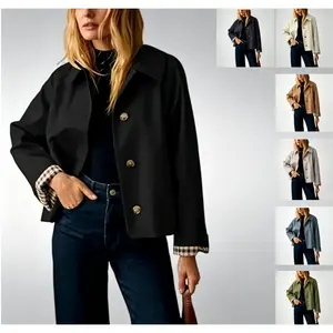 Womens Cropped Trench Coat Classic Collar Oversized Casual Jackets with Checkered Lining SummerVibes