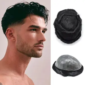 US Full Poly Men Hair piece 0.12mm Skin PU Injection Toupee for Men Real Human Hair System Prosthesis Capilar