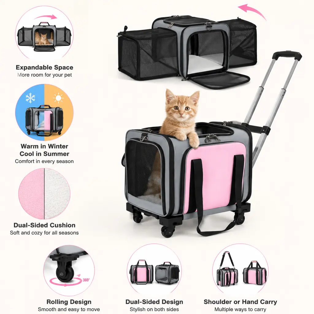 Cat Carrier, Pet Carrier Airline Approved on Wheels - Two Sided Expandable Cat Soft Carrier for Puppy and Cats Under 26lbs, Rolling Cat Carrier With all-season pads for Airplane, Camping, Outdoor