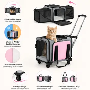 Cat Carrier, Pet Carrier Airline Approved on Wheels - Two Sided Expandable Cat Soft Carrier for Puppy and Cats Under 26lbs, Rolling Cat Carrier With all-season pads for Airplane, Camping, Outdoor