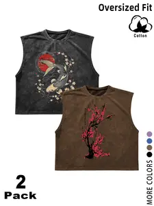 2 Pack/1 Pack Japanese Vintage Washed Sleeveless Tank Tops,Unisex Oversized Koi Fish Cherry Blossom Print Cotton Crew Neck Tees,Casual Loose Fit Streetwear, Breathable Summer Gym Workout Tank Tops,for Men Women Daily Wear, Hip Hop, Beach, Streetwear Style
