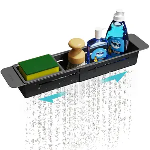NiHome Extendable Over Sink Kitchen Organizer, Telescopic Brush Storage Rack for Sponge, Non-Slip Pads Expandable Sink Caddy, Sponge/Brush Rack Minimalist Drawer Tower Holder