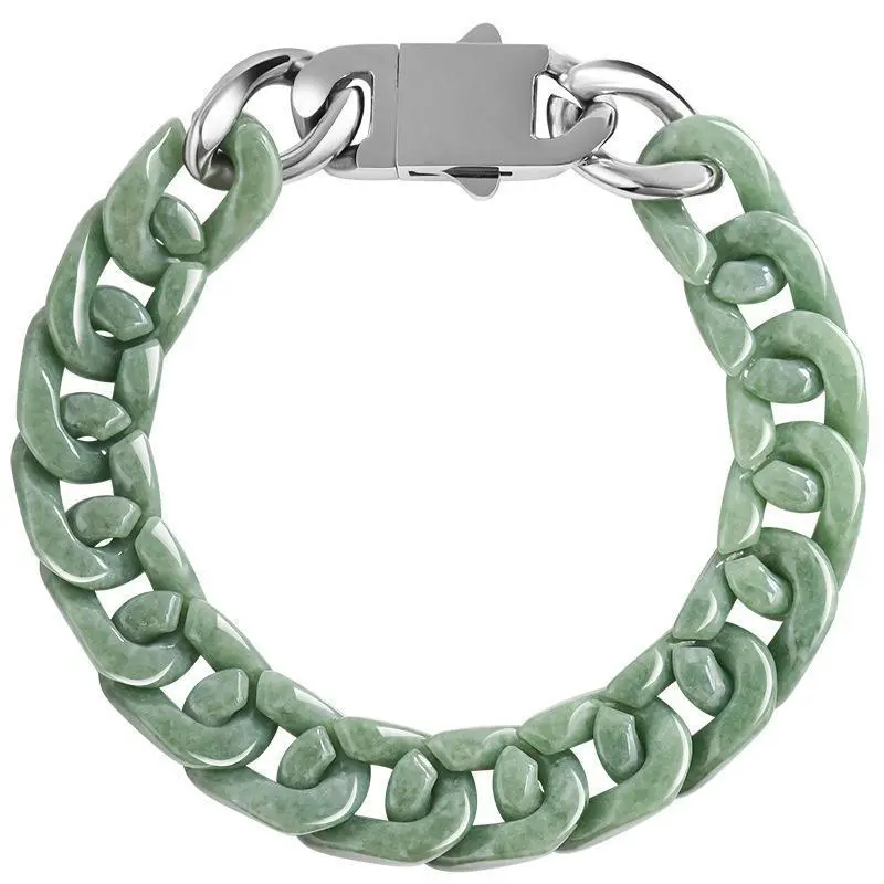 Natural Jade Cuban Chain Bracelet, Jade Titanium Steel Hip Hop Style, Unisex Retro Jewelry, Mysterious Oriental Aesthetic Design Natural Jade Cuban Chain Bracelet, Jade Titanium Steel Hip Hop Style, Unisex Retro Jewelry, Mysterious Oriental Aesthetic Design