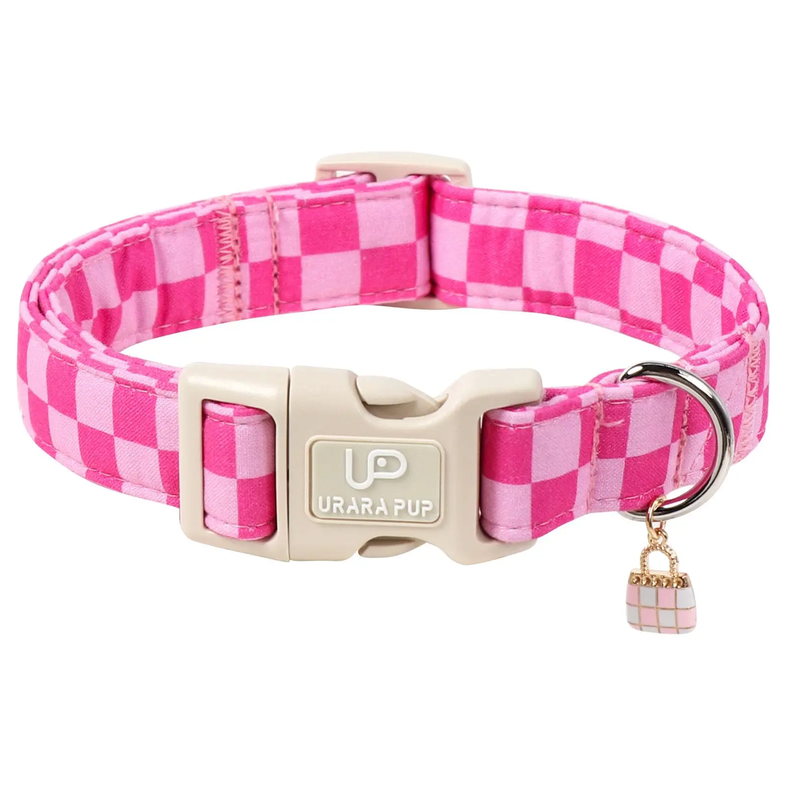 Cotton Fabric Dog Collar - Pink Checkered Plaid, Quick-Release Buckle, Adjustable Strap, Universal Fit for Small-Medium-Large Dogs tiktokshopbacktoschool