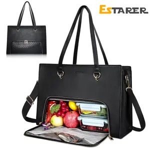 Estarer Women Laptop Tote Bag with Insulated Lunch Compartment, 17.3 Inch Pu Leather Work Bag Water-resistant, Convertible Business Computer Briefcase Handbag for Office, Travel & Casual, Elegan Black
