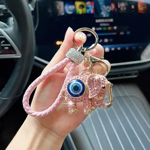 Fashion Rhinestone Elephant Keychain, Creative Blue Eye Bag Charm, Keychain Bag Pendant, Car Key Chain, Holiday Gift Hanging Decoration, Trendy Cute Keychain