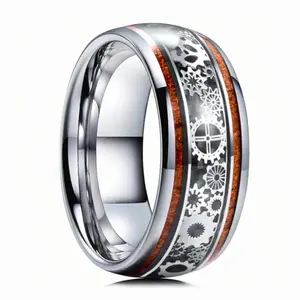1pc Fashion Silver Color Steampunk Gear Wheel Ring with Koa Wood Inlay for Men, Unique Engagement/Wedding Ring, Perfect Valentine’s Day Gift for Him