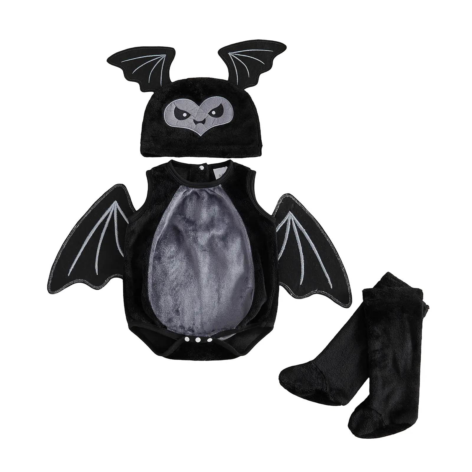 Infant Baby Boy Halloween Polyester Plush Sleeveless Bat Costume Set - Bat Wing Decor Romper, Hat, 1 Pair Stockings - Sizes 0-3m, 12-18 Months (No Extra Accessories)