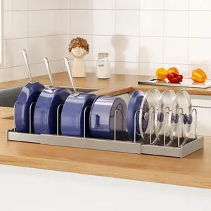 Expandable Kitchen Storage Container Lid Organizer, 22 Inch Under Cabinet Cookware Storage Rack with 9 Adjustable Separators, Household Pot Pan Lid Holder Shelf for Kitchen Cabinet Interior Space Saving (Grey, Single Pack)