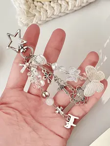 Grunge Cross & Butterfly Bag Charm Pendants – Silver Beaded Keychain, Cute Butterfly Charm, Gothic Bag Decoration & Bag Chain Charms for Y2K & Coquette Style Lovers