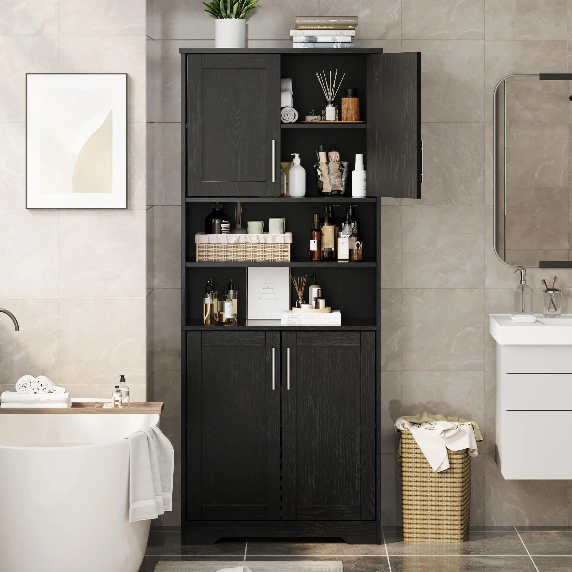 Garvee Farmhouse Style Bathroom & Kitchen Cabinet with Glass Doors Adjustable Shelves Freestanding Design 67 Inches High in Black & Reddish Brown