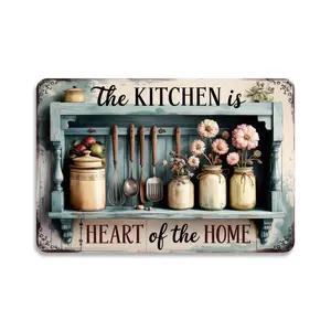 Rustic Kitchen Shelf with Flowers And Utensils Tin Sign， Vintage Farmhouse Kitchen Decor Metal Sign Print Aesthetic Room Decoration for Home Bedroom Kitchen Dorm Bathroom Wall Decor 8 X 12 ， Easy to H