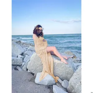For - Neck - Slit High Sleeve Maternity Lace Lantern Photography Dress V Off Shoulder Gown Photoshoot