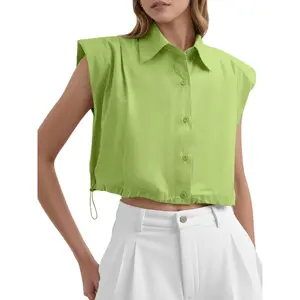 Tankaneo Womens Sleeveless Button Down Shirts Casual Loose V Neck Pad Shoulder Crop Tank Top